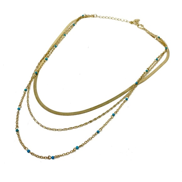 New Free People Everything I Wanted Layered Necklace Gold Blue Stones Turquoise - Picture 5 of 11